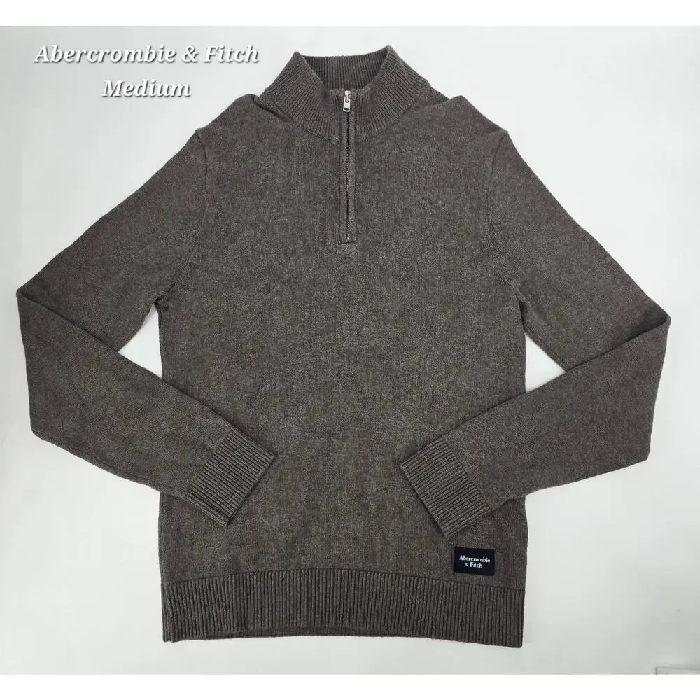 Abercrombie & Fitch Cotton Cashmere Henley Zip Sweater Soft Taupe Brown Size M